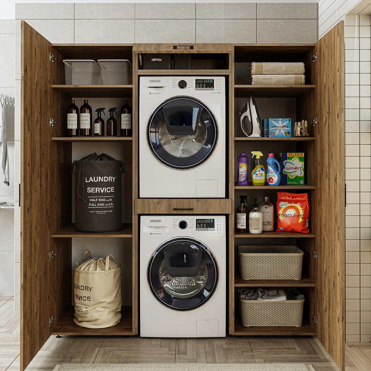 WASCHMASCHINENSCHRANK DUO-I 187cm Breit, 205cm Hoch - Eichefarben, Holzwerkstoff (187/205/67cm)