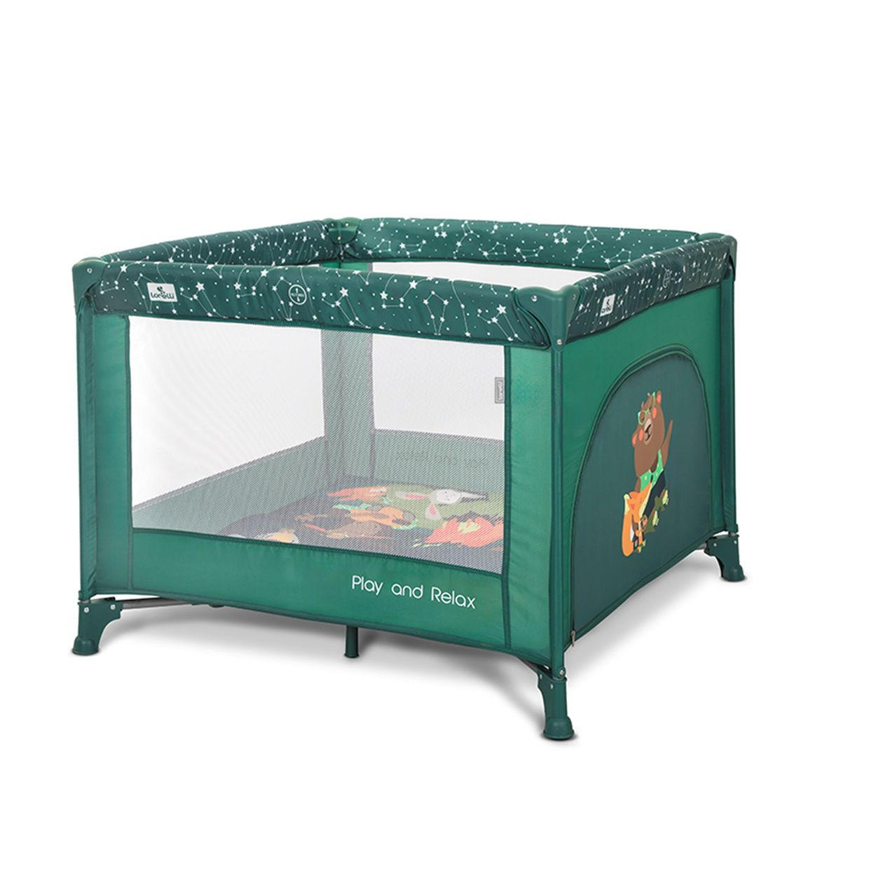 LAUFSTALL Play`n Relax grün 100 x 100 cm, seitliche Öffnung, Matratze, Tragetasche, Babyreisebett - Grün, Metall (100/75/100cm) - Lorelli