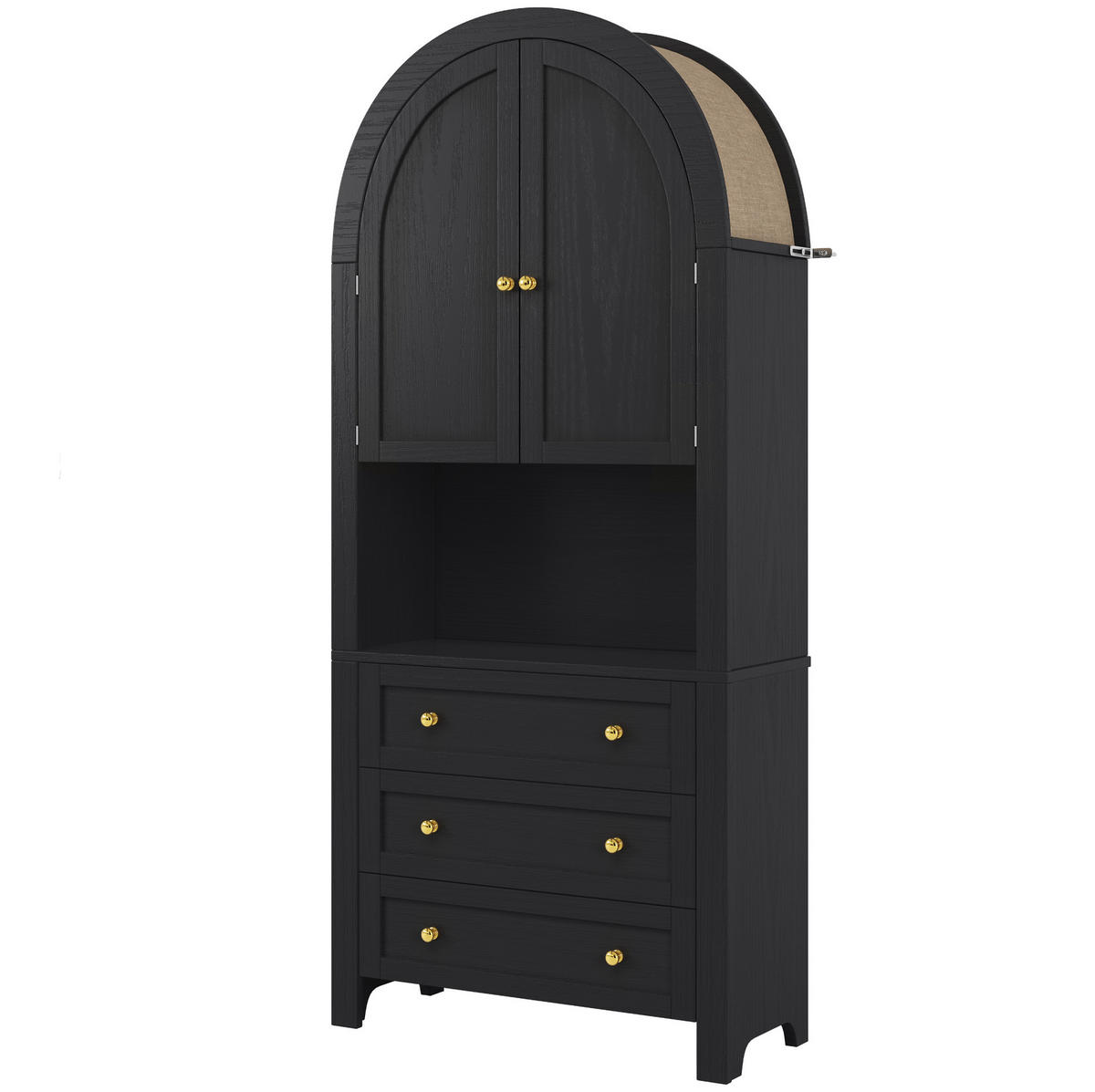 VISOKA komoda 70/35/180 cm z 3 predali, odprtim razstavnim delom in mehkimi vrati iz MDF, Črna - črna, leseni material (70/180/35cm) - Redom