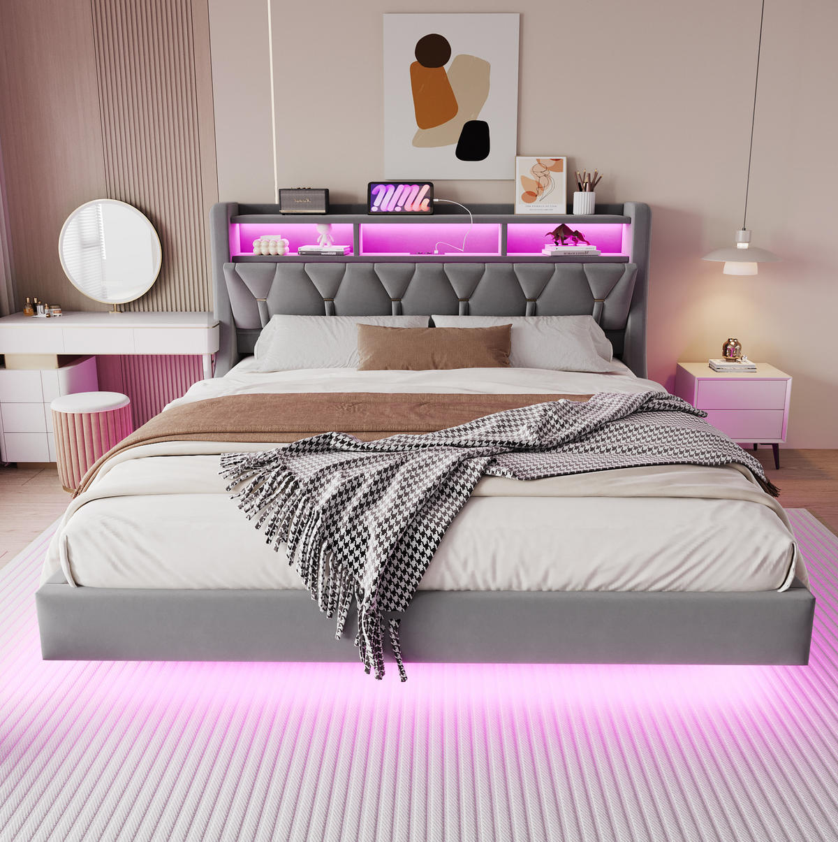 ČALOUNĚNÁ postel 180/200 cm šedá z sametu s LED osvětlením, USB a úložným čelem - šedá, kompozitní dřevo (180/200cm) - OKWISH