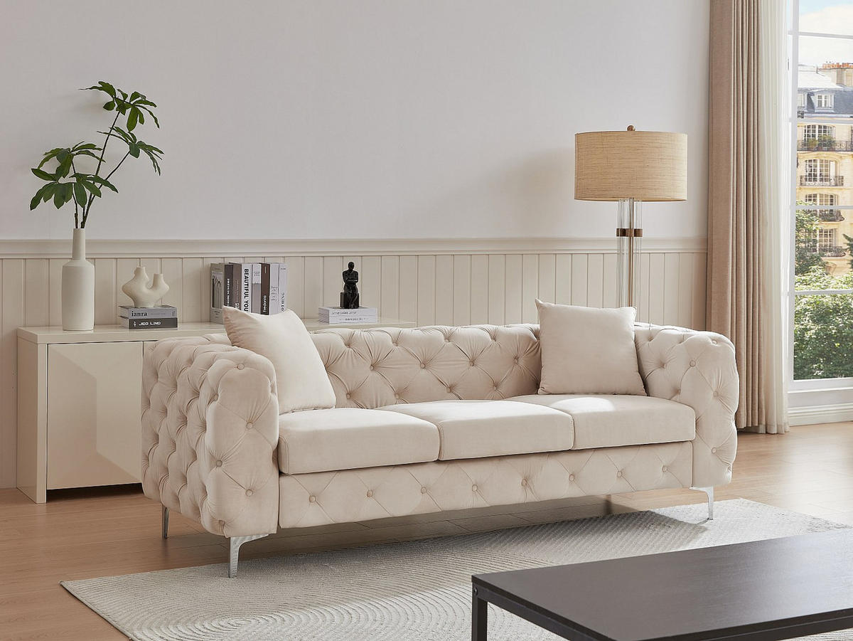 CHESTERFIELD-SOFA 3-Sitzer - Samt - Beige - EDWINA - Beige, Textil (220/76/91cm) - Vente-Unique