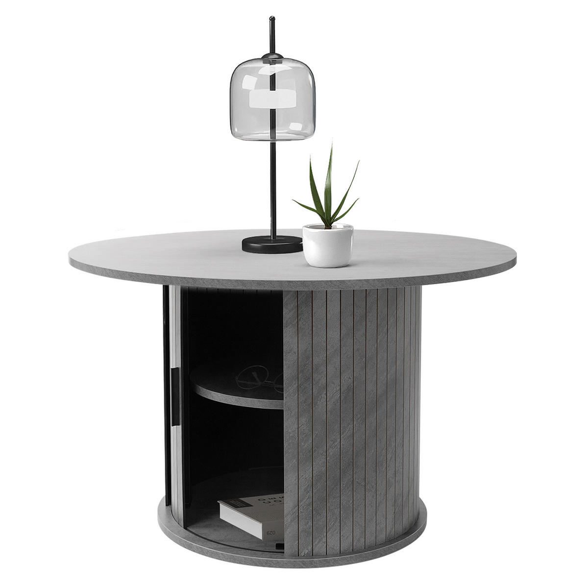 COUCHTISCH mit Schiebetür und Stauraum rund Ø80x50 cm Beton-Optik Grau - Grau, Holz (80/80/50cm) - ML-DESIGN