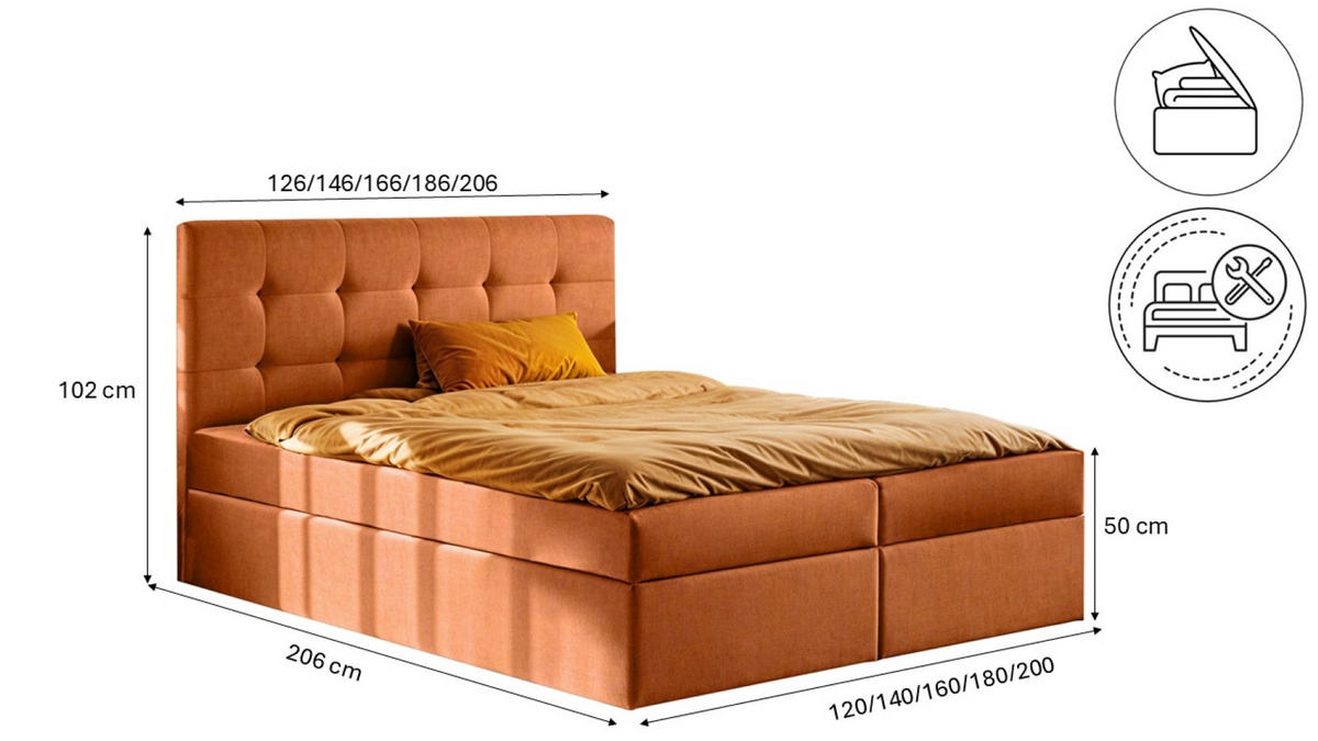 BOXSPRINGBETT mit matratze und bettkasten, Schlafbett LUDANO stoff Noel Orange 200x200 cm H3-Bonell - Orange, Holz (200/200cm) - Kaiser Möbel