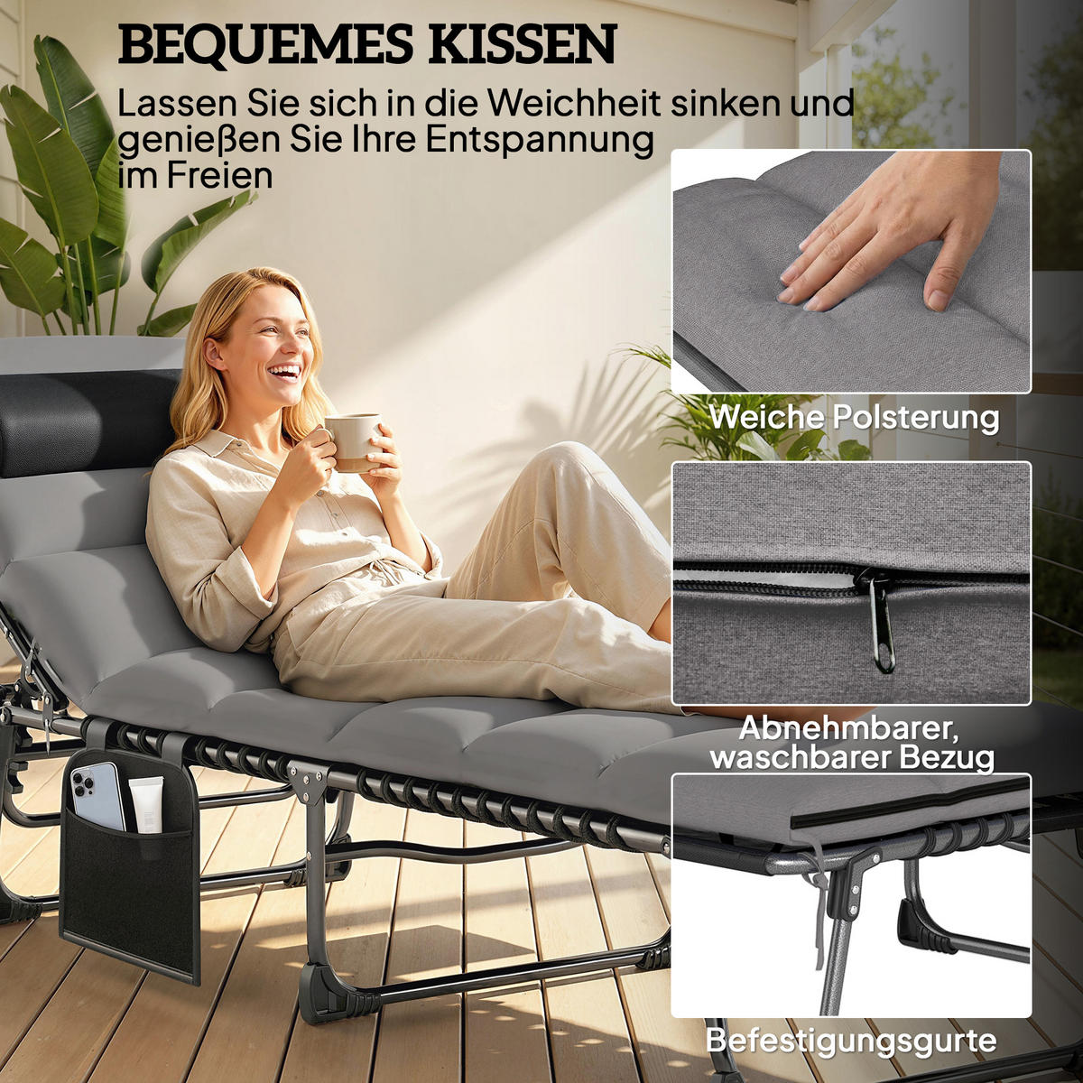 SONNENLIEGE Stahl Hellgrau - Hellgrau/Schwarz, Textil/Metall (57/38/200cm) - Outsunny