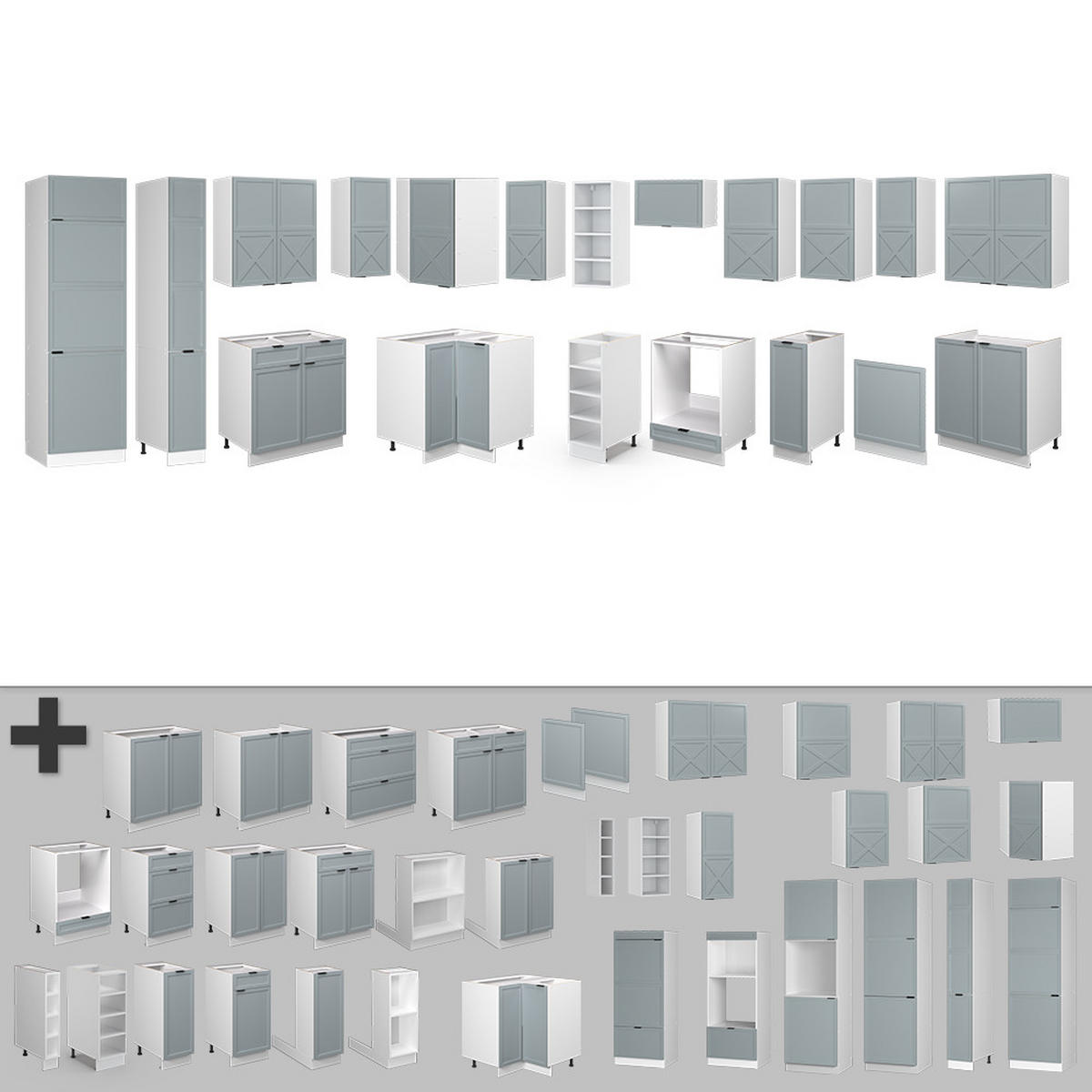 ECKKÜCHE Fame-Line Hellblau-grau/Weiß 347 x 257 cm ohne AP - Weiß/Hellblau, Holzwerkstoff (347/81.6/46cm) - Vicco