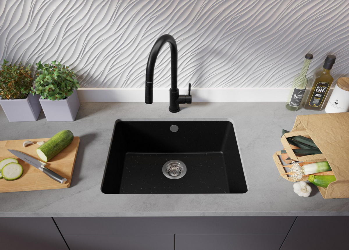 UNTERBAUSPÜLE GRANIT Venedig Easy, 2-er set Schwarz Metallic 56/44 cm 1 Becken + Ablauf-Set ab 60er Unterschrank - Chromfarben/Schwarz Hochglanz, Kunststoff (56/20/44cm) - Primagran