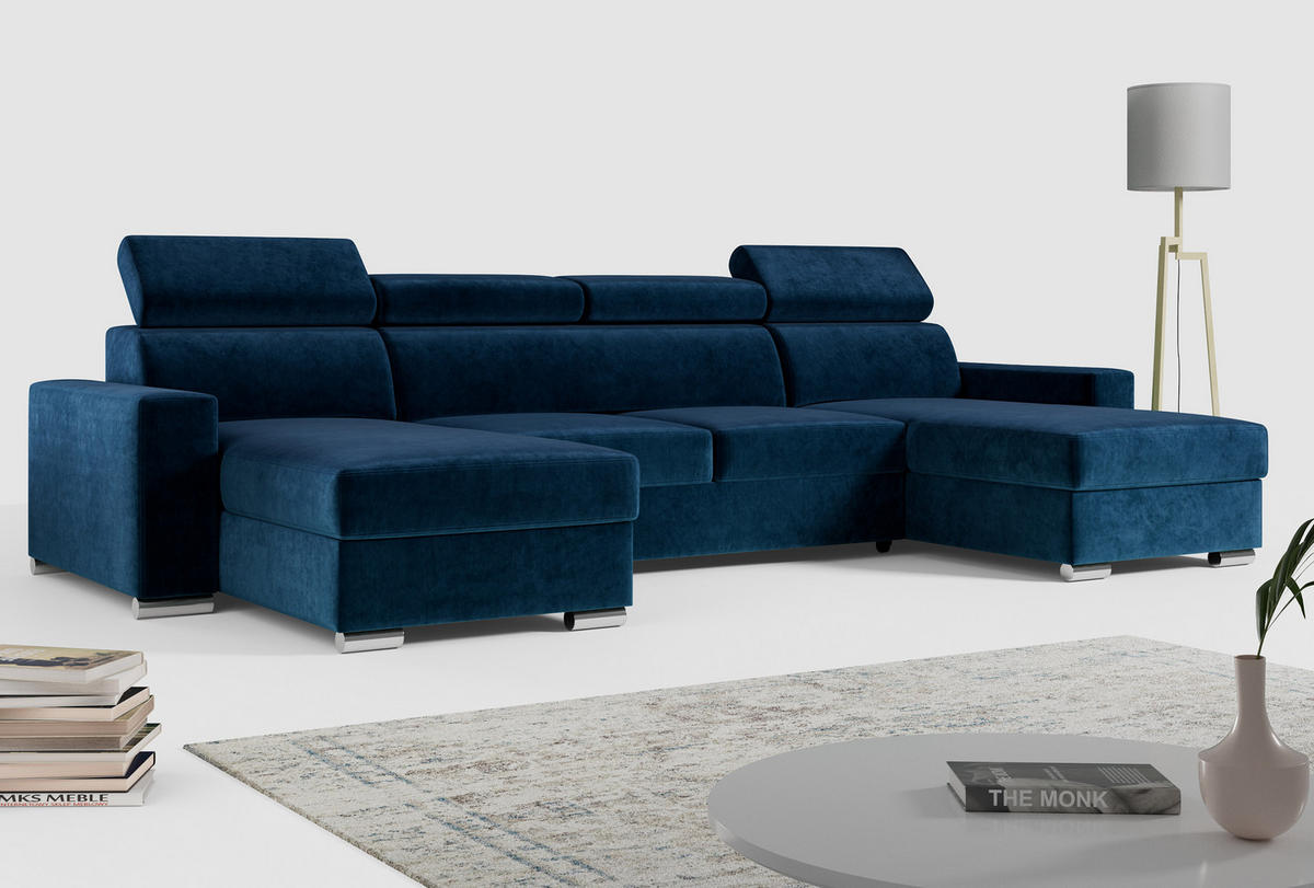 WOHNLANDSCHAFT FOX U Dunkelblau - Velvet - Silberfarben/Dunkelblau, Kunststoff/Textil (306/98/168cm) - MKS