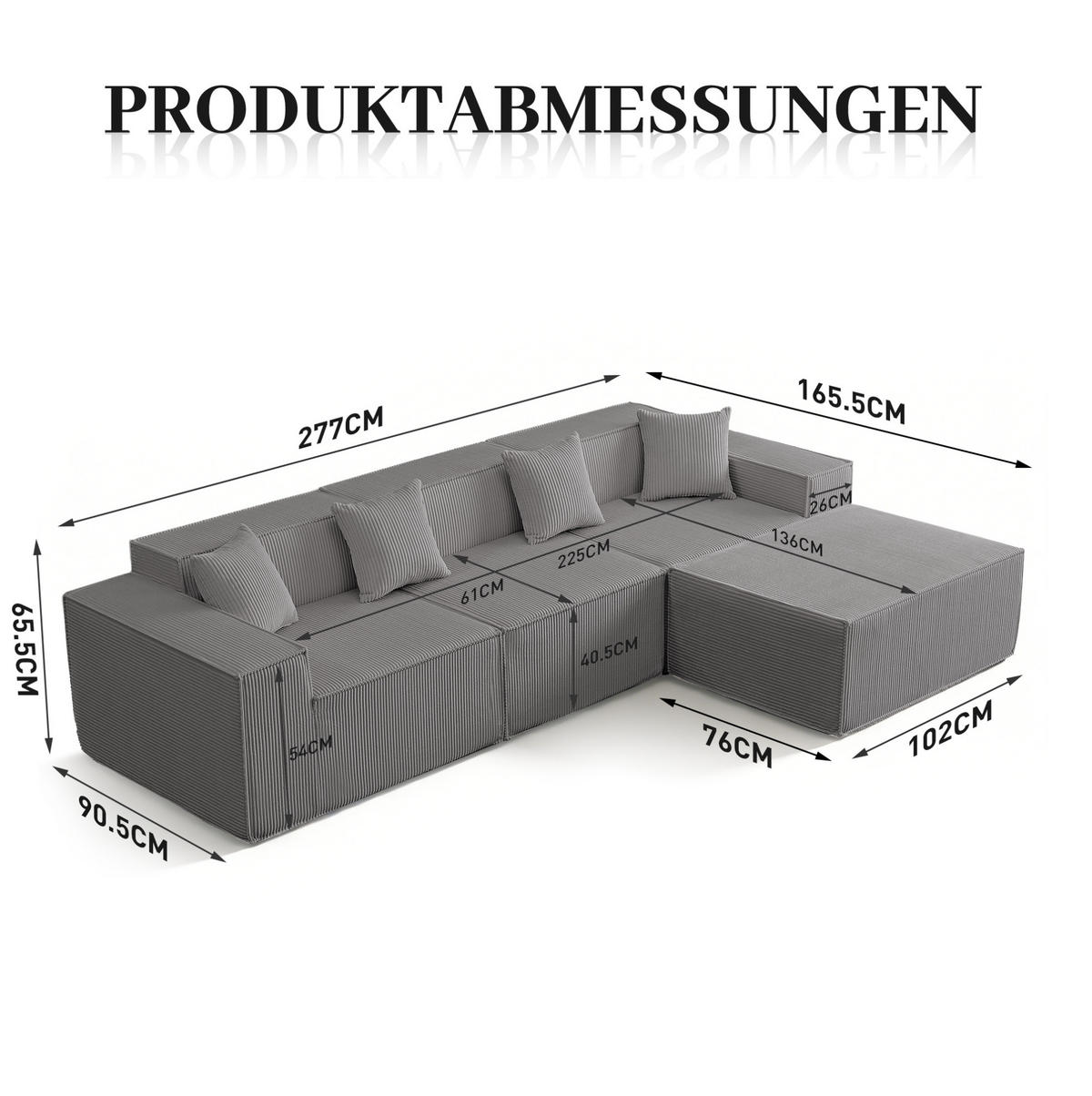 SOFA modular 3-Sitzer Struktur-Cordstoff Grau - Grau, Textil (165/279cm) - Meubliv