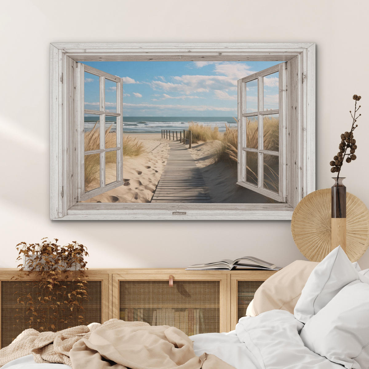 AKUSTIKBILD Fenster - Meer - Küste - Natur - Ausblick - Strand - Wattenmeer Akustikpaneele 90x60 cm - Beige, Kunststoff (90/60/0.9cm) - MuchoWow