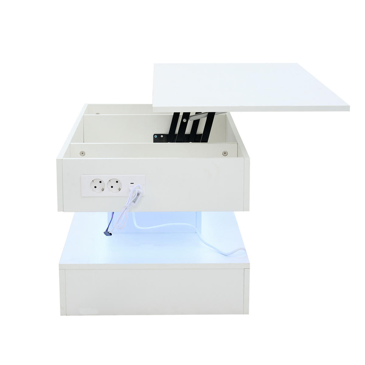 COUCHTISCH, höhenverstellbar mit LED, verstecktem Stauraum und integrierten EU‑Steckdosen, 100/50/42 cm, weiß - Weiß, Holzwerkstoff (100/50/42cm) - Redom