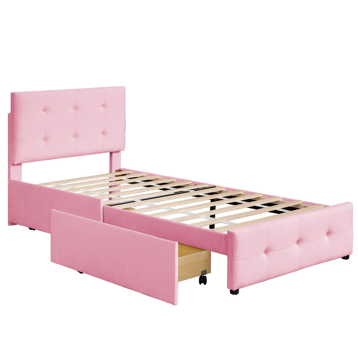 DETSKÁ posteľ 90/200 cm ružová zo zamatu so zásuvkou a lamelovým roštom - pink, textil (90/200cm) - OKWISH