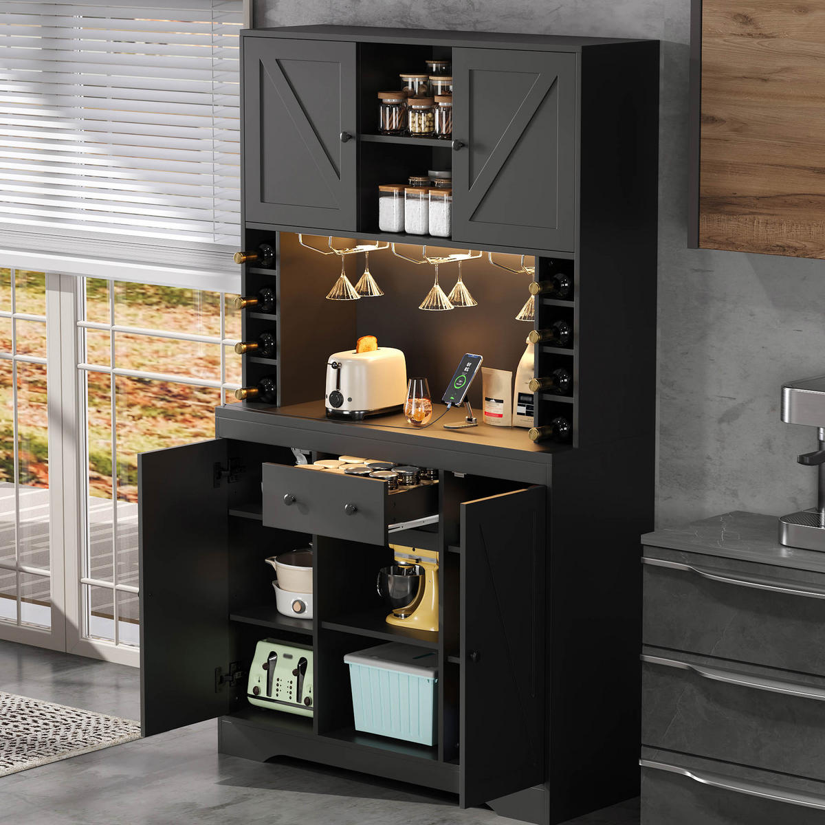 BUFFET 105/39/180 cm Schwarz mit 1 Schublade, Weinflaschenfächern und farbwechselnder LED-Beleuchtung - Schwarz, Holz (105/180/40cm) - Oxeza