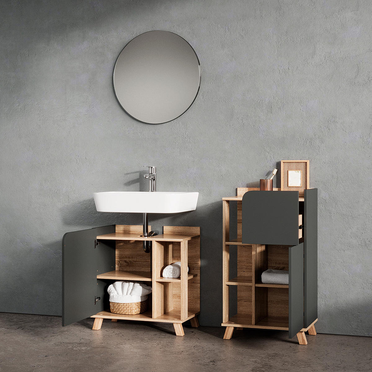 UNTERSCHRANK Marano Anthrazit 50 x 90 cm mit Tür und Schublade - Anthrazit/Sonoma Eiche, Holzwerkstoff (50/90/35cm) - Livinity®