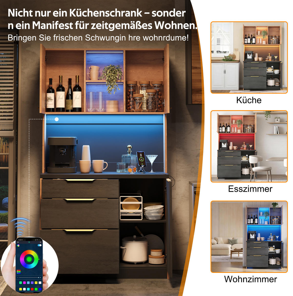 BUFFET 100/40/180 cm neutral aus MDF mit LED - Naturfarben, Holzwerkstoff (100/180/40cm) - OKWISH