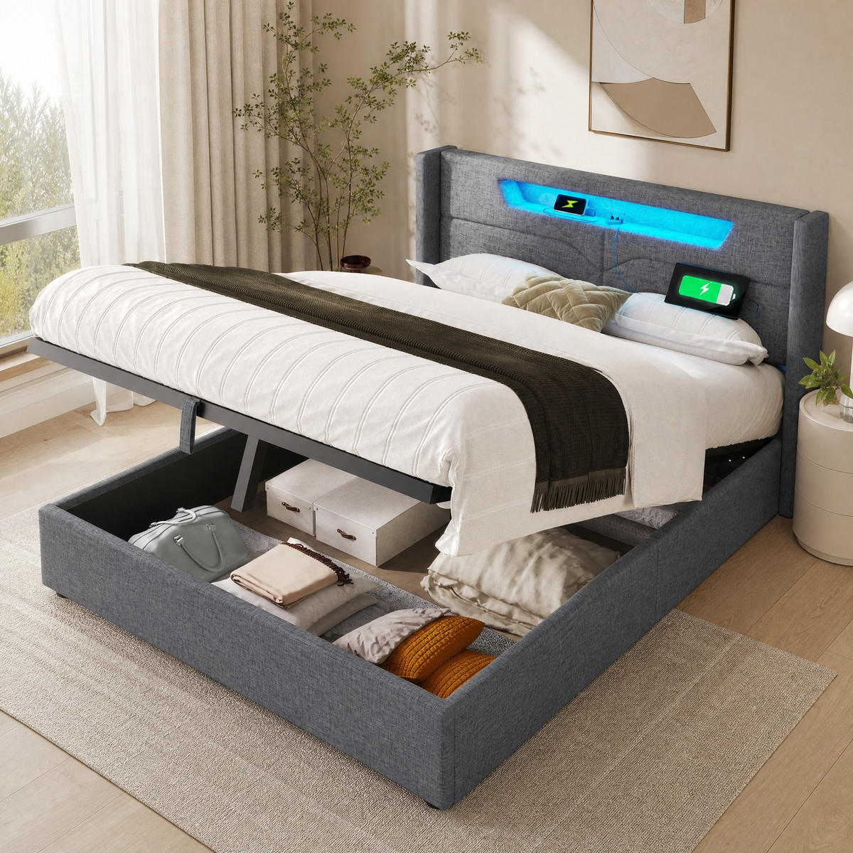 POLSTERBETT 160/200 mit Bettkasten, LED und USB-C-Ladefunktion in Grau - Grau, Textil/Metall (160/200cm) - EVRYAE