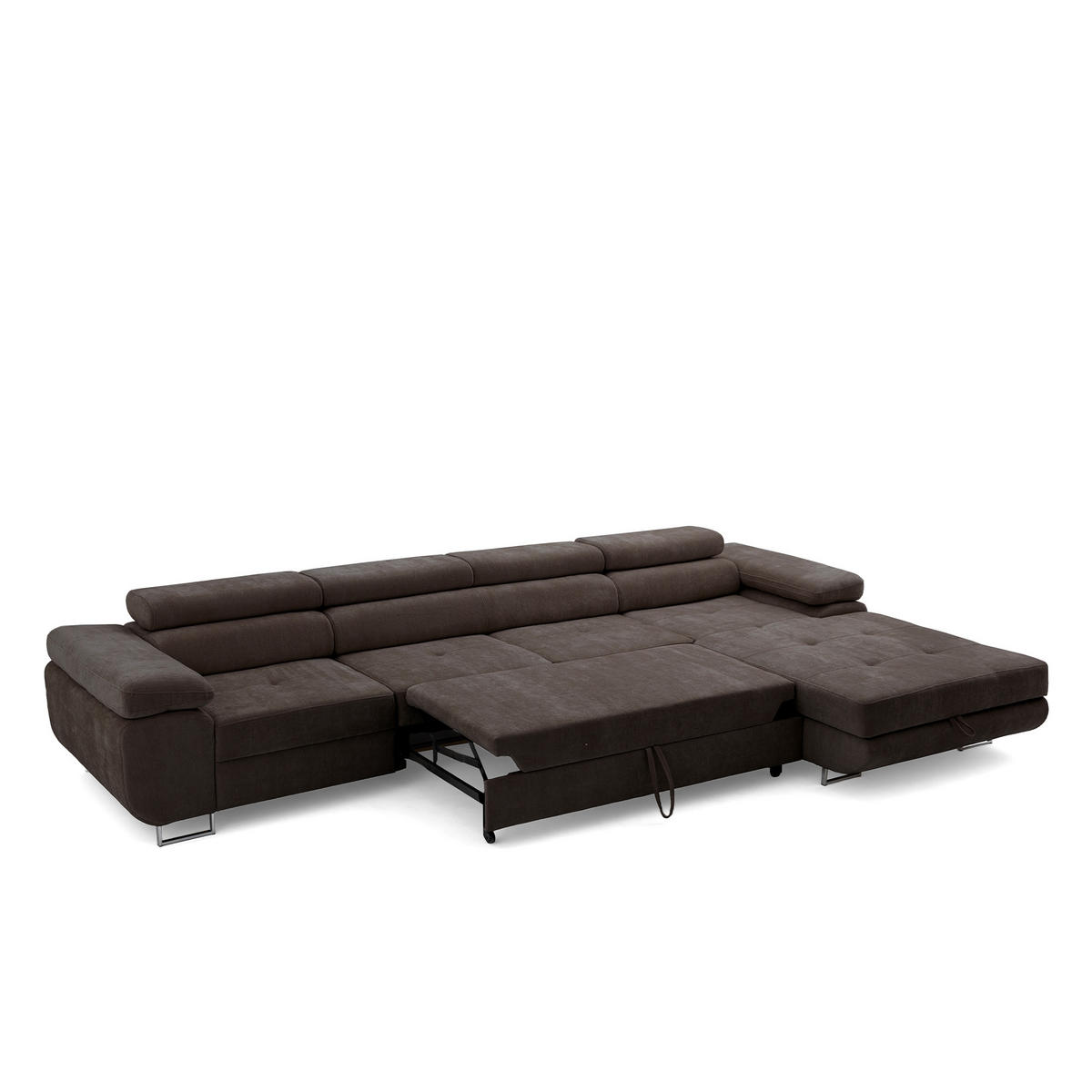 ECKSOFA ALONZO MAXI Rechts mit Schlaffunktion 125x195 Chenille Dunkelbraun - Chromfarben/Dunkelbraun, Holz/Textil (350/203cm) - Muffo