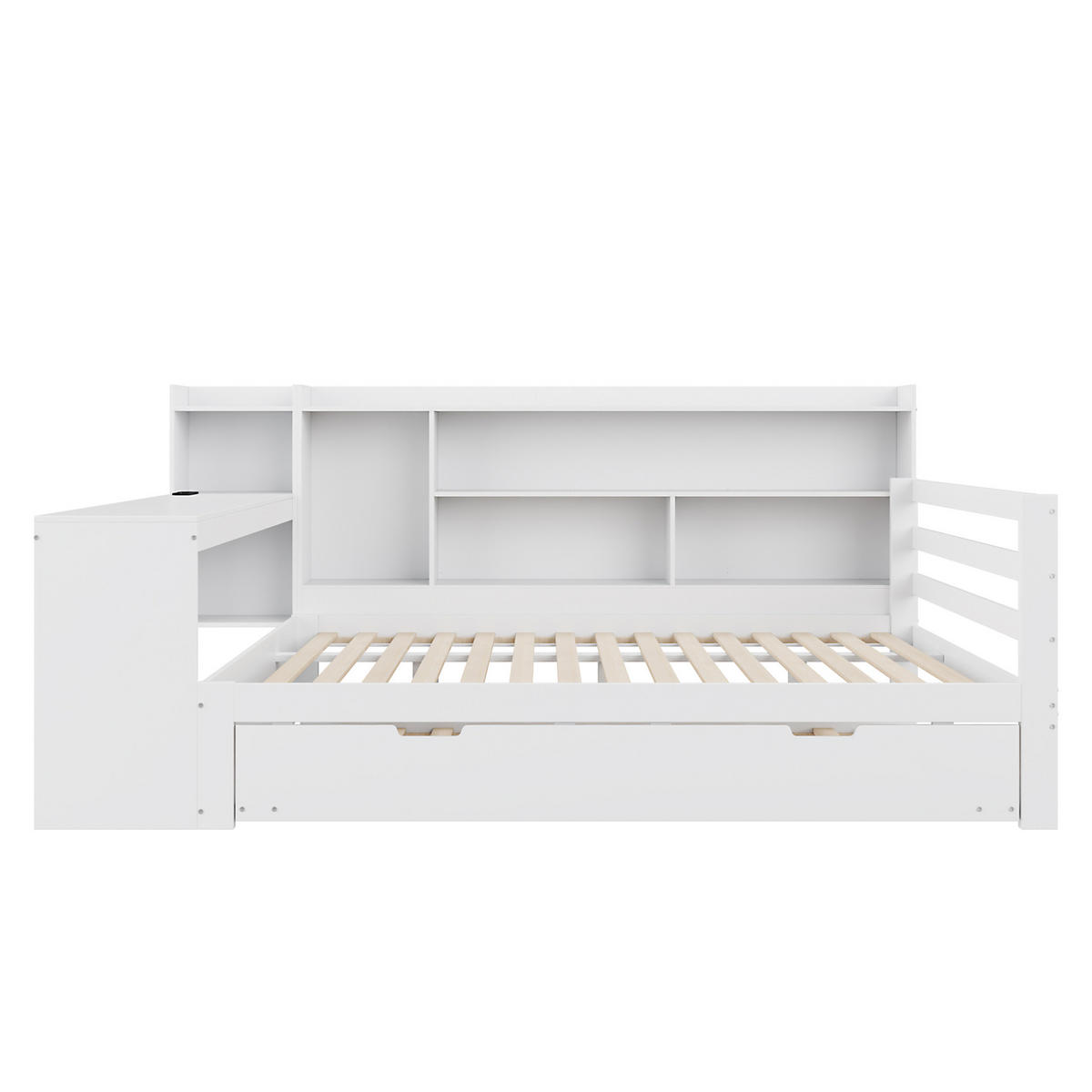 BETT aus 140x200 cm Weiß mit Ausziehbett, Schreibtisch, Regalen und Steckdose - Weiß, Holzwerkstoff (90/200cm) - Modfu
