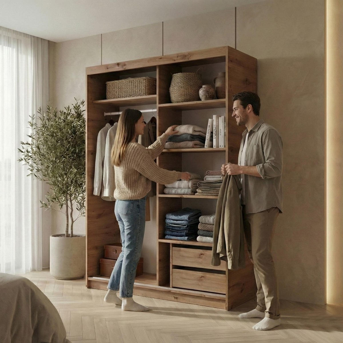 SCHWEBETÜRENSCHRANK Hela 120/205/60 2-türig eiche Artisan/schwarz mit Schubladen - Schwarz/Eiche Artisan, Holzwerkstoff (120/205/60cm) - Beautysofa