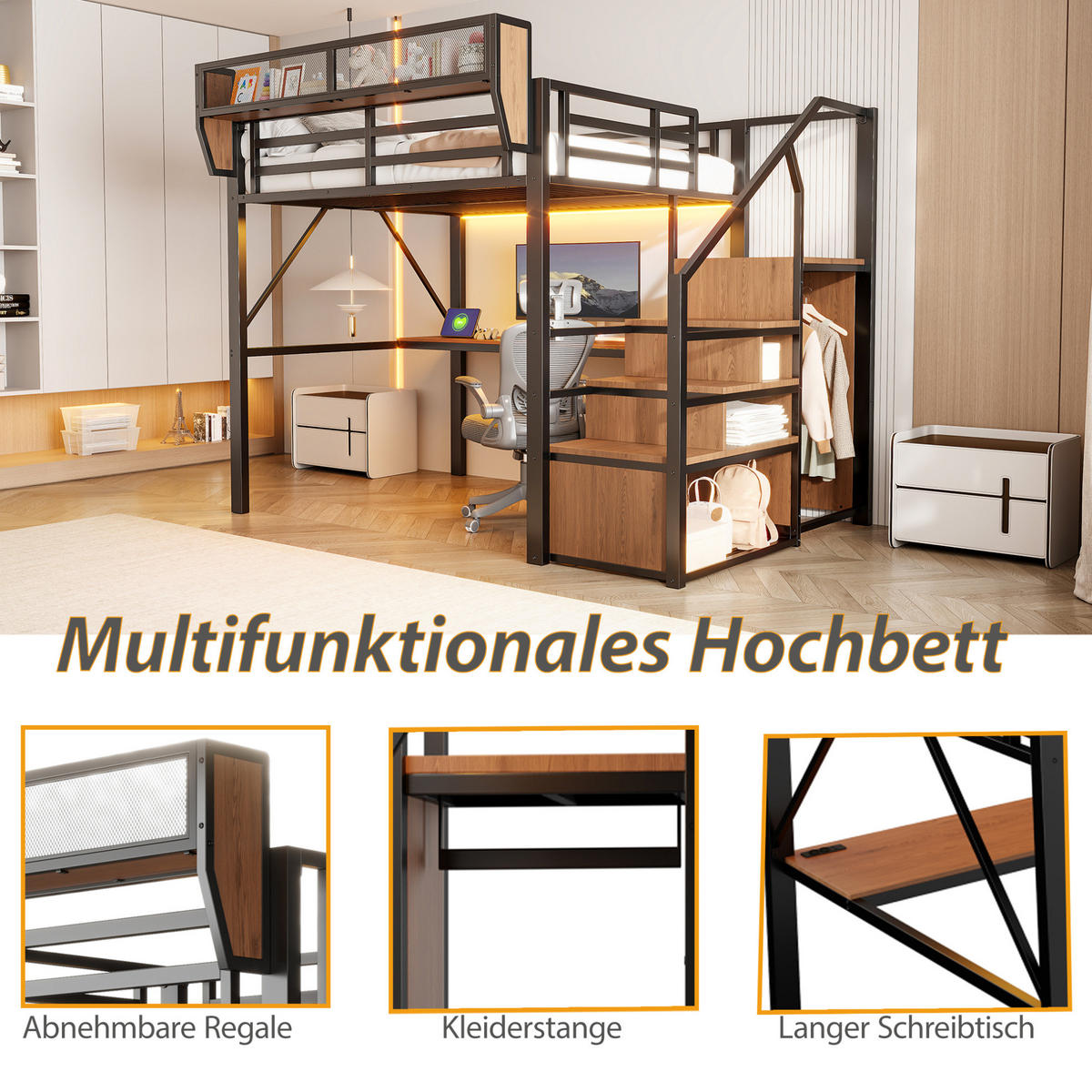HOCHBETT 140/200 cm aus Metall mit Schreibtisch und LED, Schwarz - Schwarz, Metall (140/200cm) - OKMYHOME