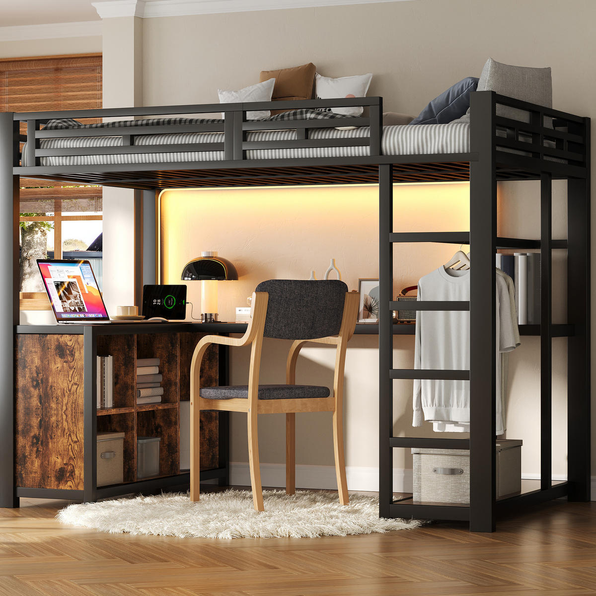 HOCHBETT 140/200 cm aus Metall und MDF mit Schreibtisch LED-Beleuchtung und Kleiderschrank Schwarz - Schwarz, Holzwerkstoff (140/200cm) - Modenvie