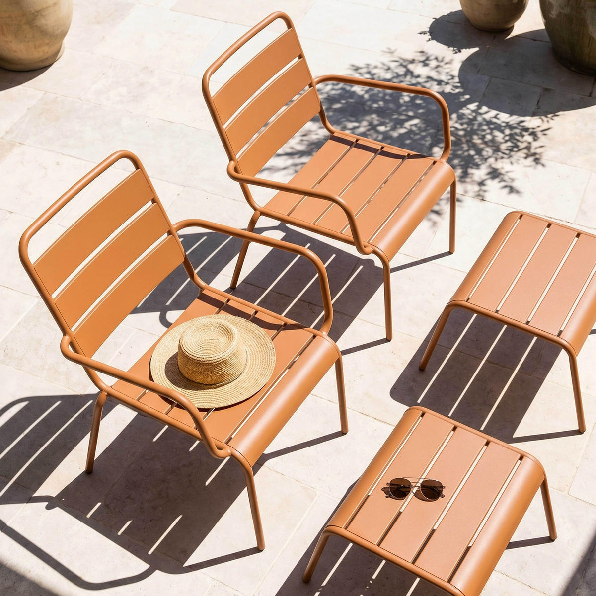 RELAXSESSEL MIT HOCKER 2-tlg., Karamell - Braun, Metall (64/72/60cm) - Oviala