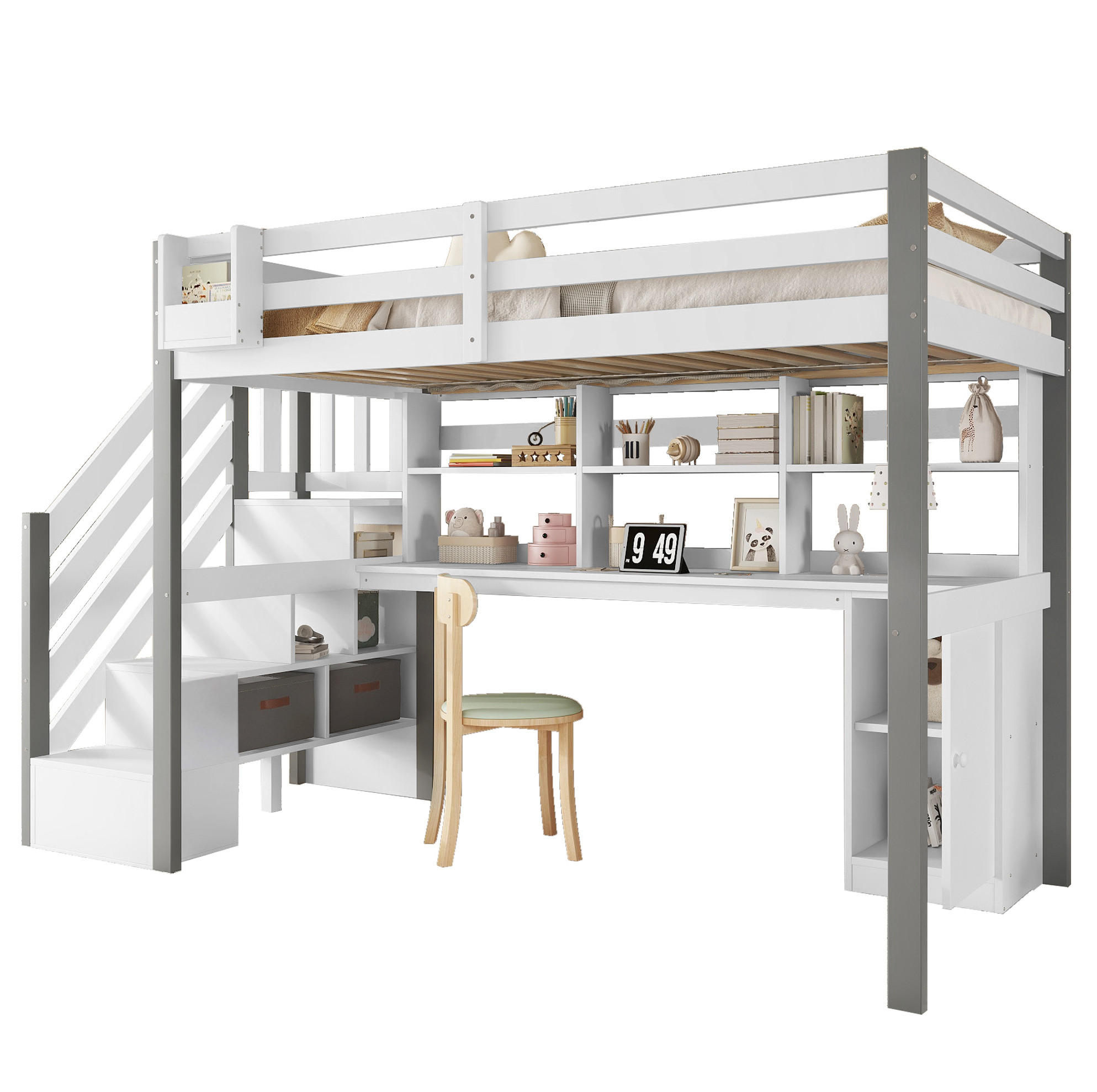 Modfu POLOVYSOKÁ posteľ z masívneho dreva a MDF 90x200 cm biela/sivá s písacím stolom, úložným priestorom a schodíkmi
