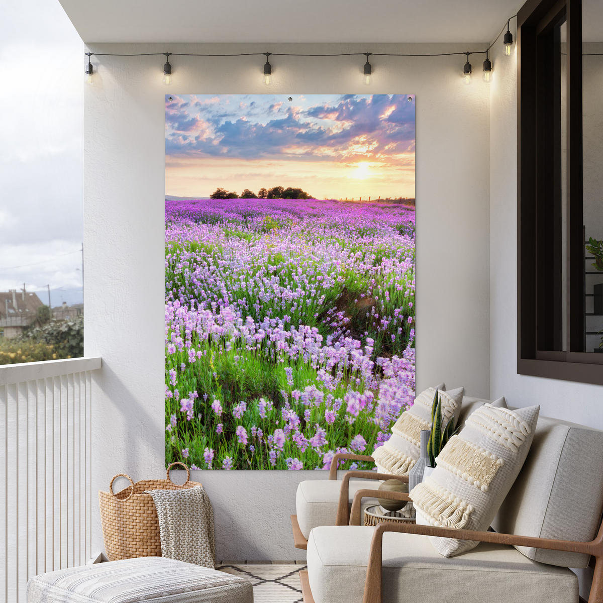 ZAHRADNÍ PLAKÁT Květiny - Levandule - Fialová - Obloha - Západ slunce - Louka - Příroda 120x180 cm - šeříková, plast (120/180/0.2cm) - OnlyWow