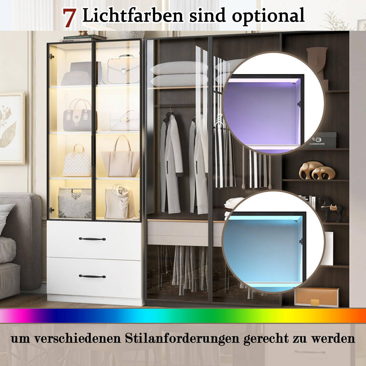 VITRINE 60cm Glas LED Aluminium Hartglas 2 Türen Schubladen modern - Weiß, Holzwerkstoff (60/160/40cm) - FLIEKS