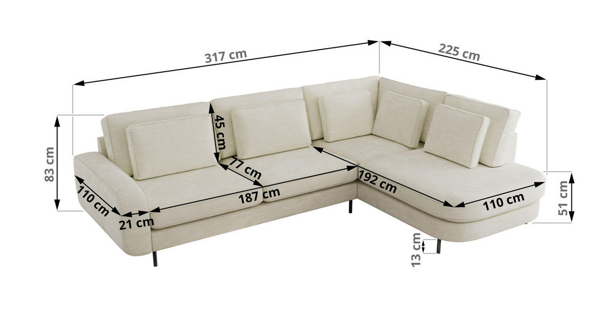 ROHOVÁ SEDAČKA CALENO L - Krémová Hrubě tkaná žinylka - Pravá Strana - černá/krémová, kov/textil (317/225cm) - MKS