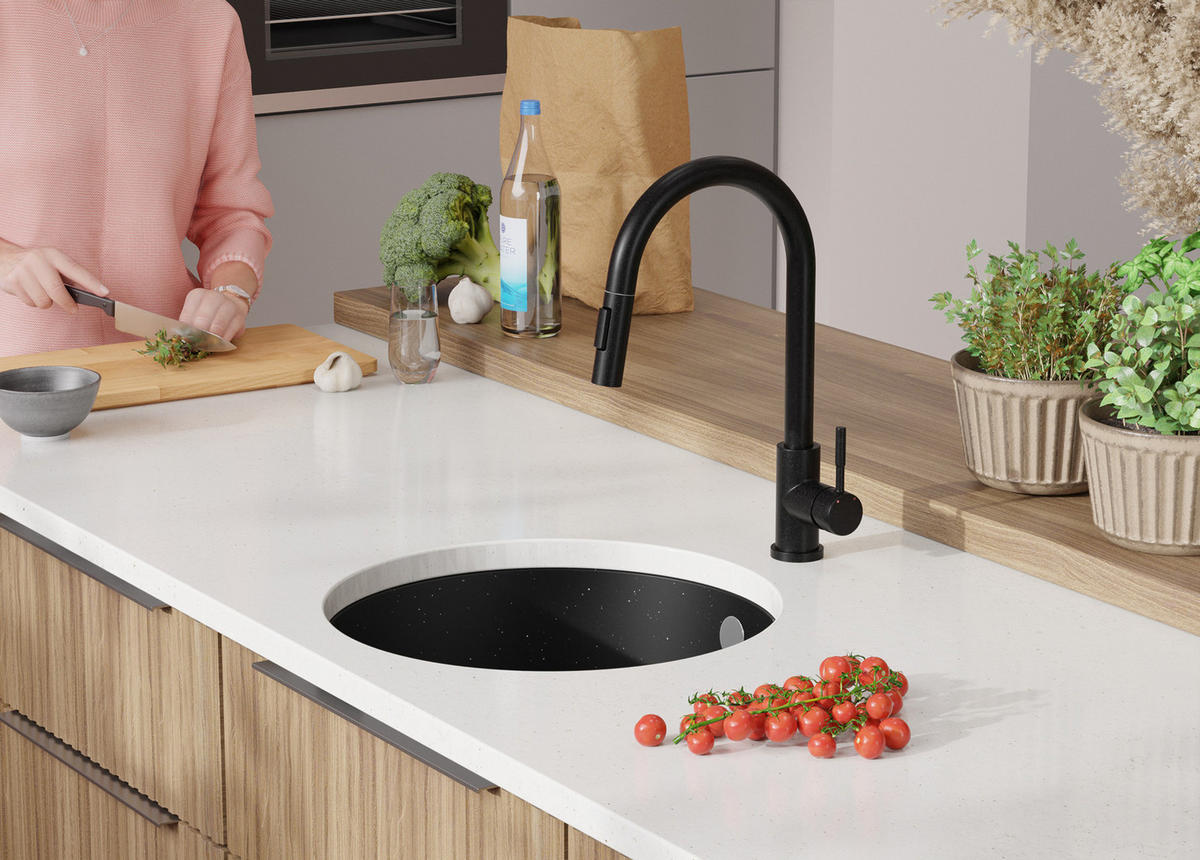 UNTERBAUSPÜLE GRANIT Valletta, 2-er set Schwarz Metallic 46/46 cm 1 Becken + Ablauf-Set ab 50er Unterschrank - Chromfarben/Schwarz Hochglanz, Kunststoff (46/20/46cm) - Primagran