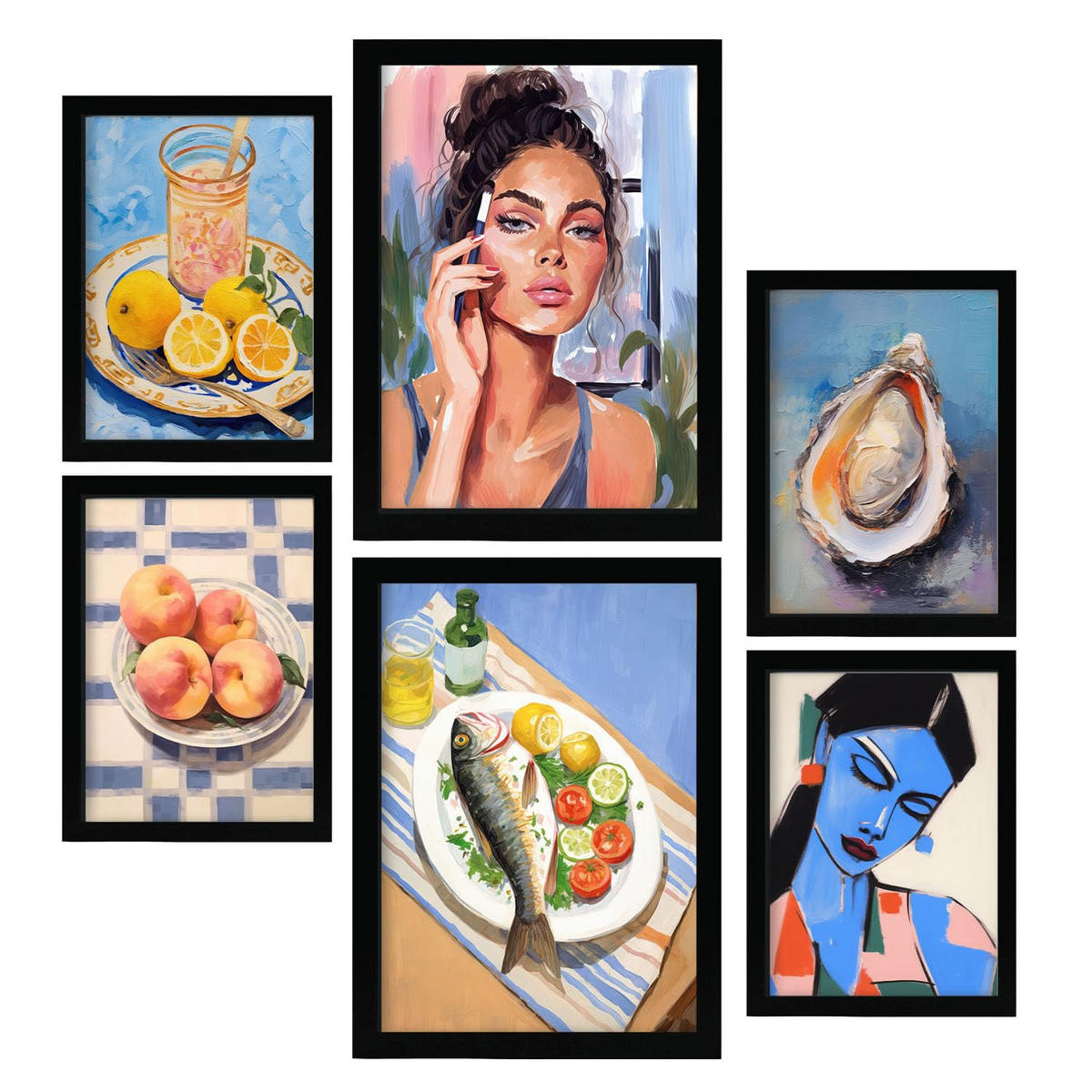 POSTER Set Mit 6 Coole Lebensmittel A3 & A4 Schwarzer Rahmen - Schwarz, Papier (29/3cm) - Nacnic