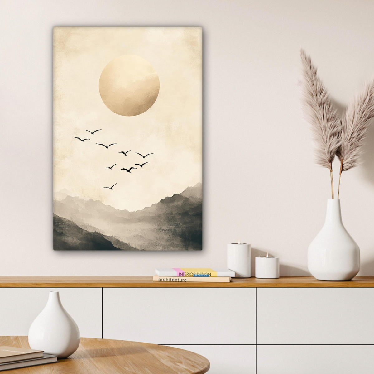 LEINWANDBILD Landschaft - Japandi - Vogel 60x90 cm - Beige, Textil (60/90cm) - MuchoWow