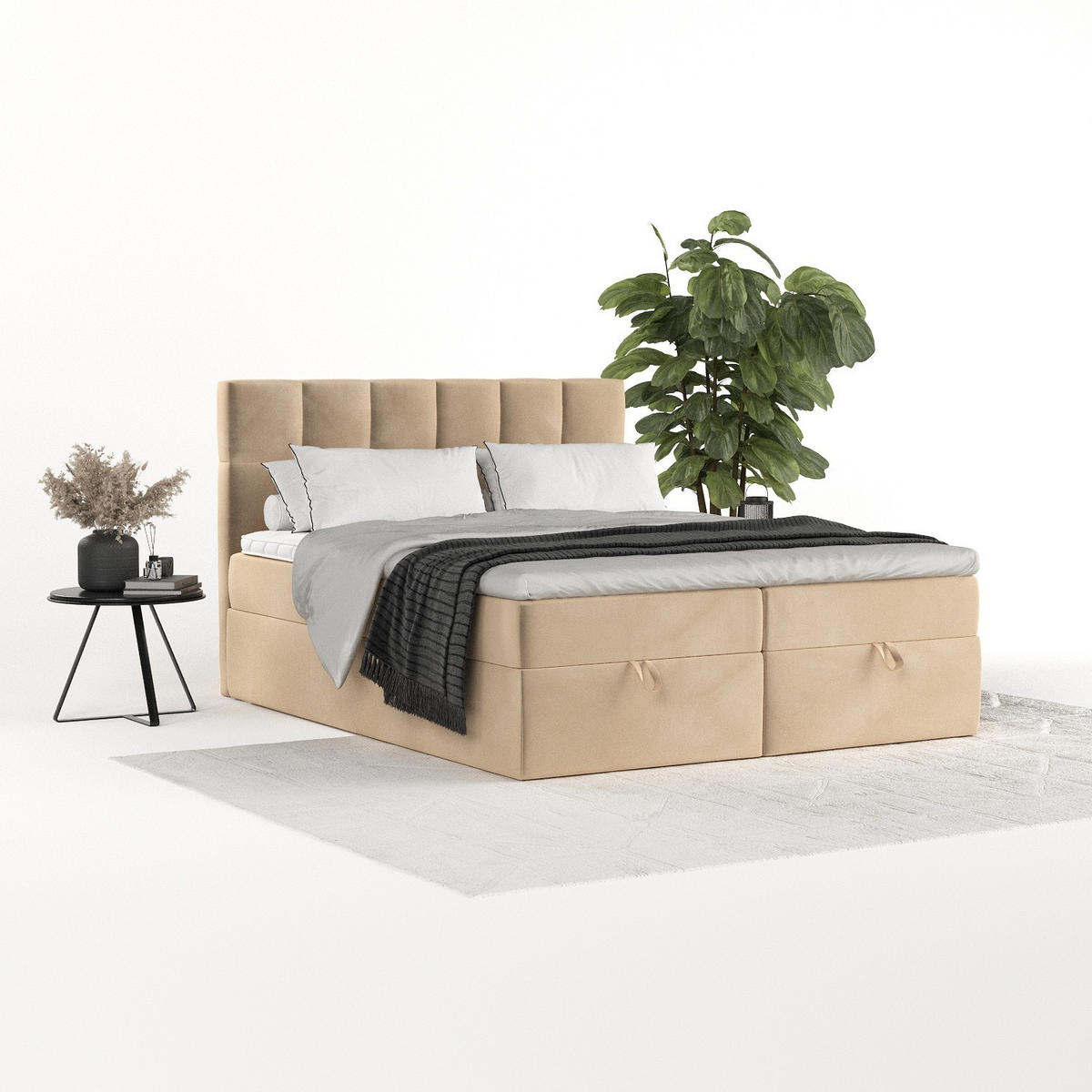 BOXBETT Savio 200/200 cm Beige im Kronos Stoff - Beige/Schwarz, Holz/Holzwerkstoff (200/200cm) - AltaBeds