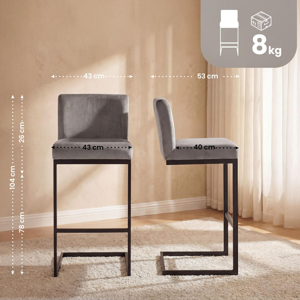 BARHOCKER Samt Grau - Schwarz/Grau, Textil/Metall (43/104/53cm) - CLP