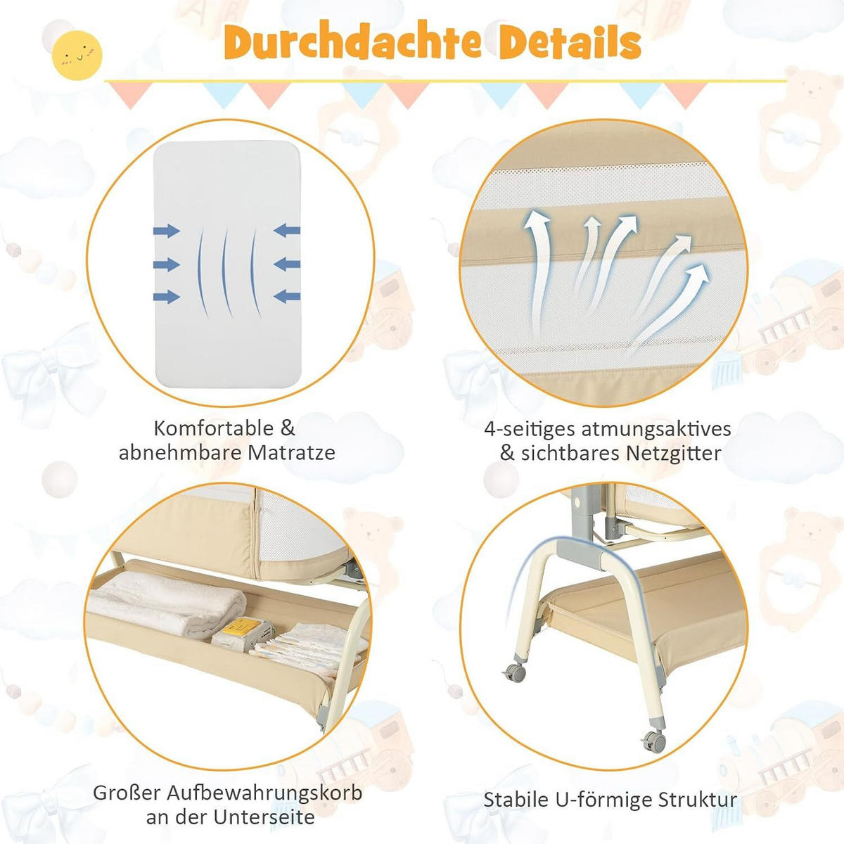 BABYWIEGE faltbar beige - Beige, Textil - COSTWAY