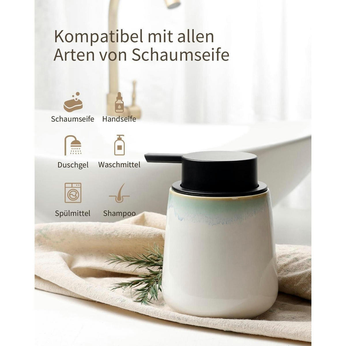 SCHAUMSEIFENSPENDER Keramik Weiß / Grüner Rand 350 ml - Grün, Keramik (9/12/9cm)