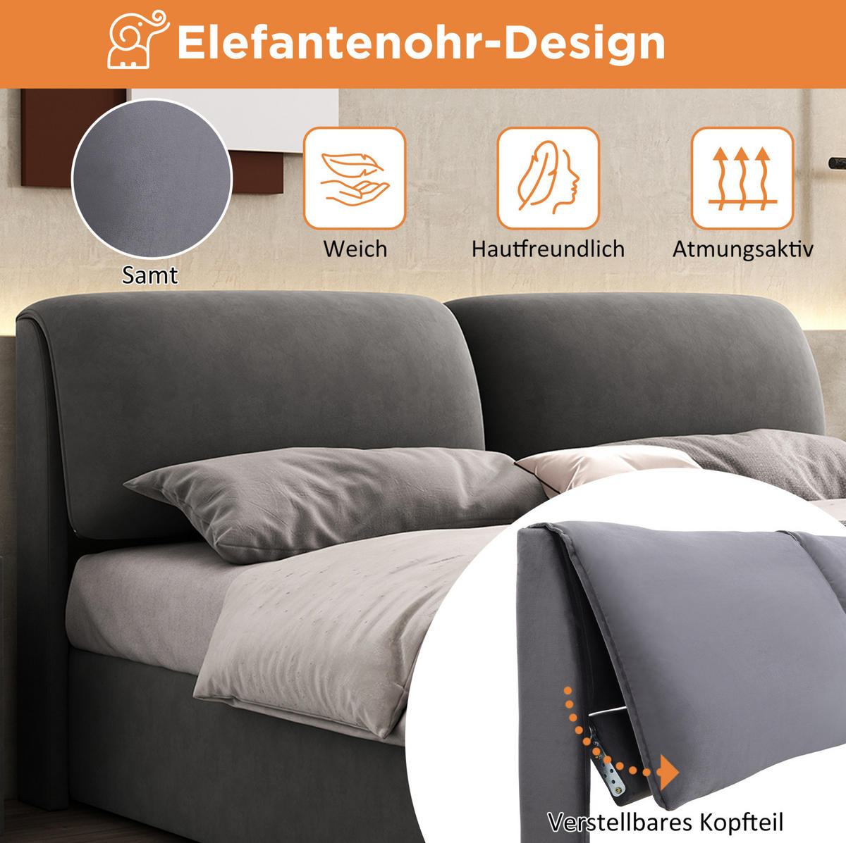POLSTERBETT 160/200 cm Grau Samt mit hydraulischem Bettkasten und 3 Schubladen - Grau, Textil (160/200cm) - OKWISH