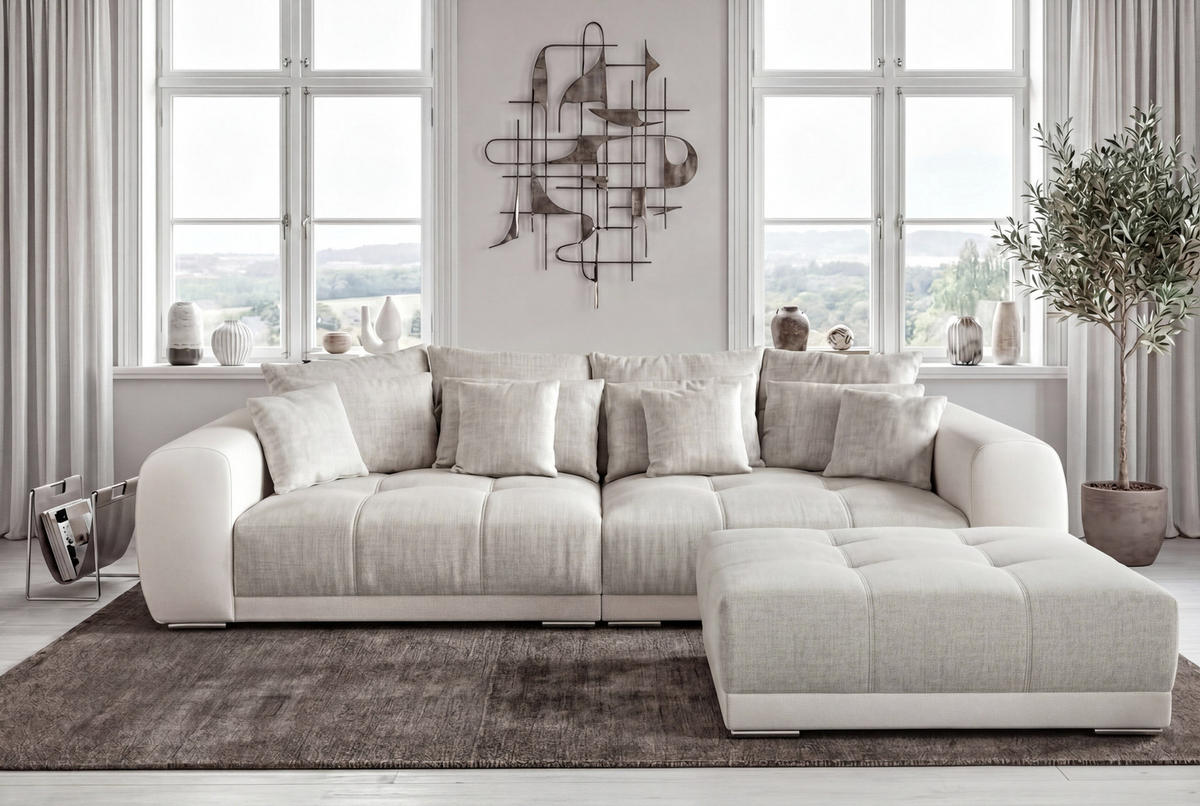 POLSTERHOCKER XXL Federkern B120/T120/H39 cm (passend zum BIG-SOFA) Kunstleder Weiß+Strukturstoff Grau Beige / 15138 - Chromfarben/Greige, Kunststoff/Textil (120/39/120cm) - luma-home