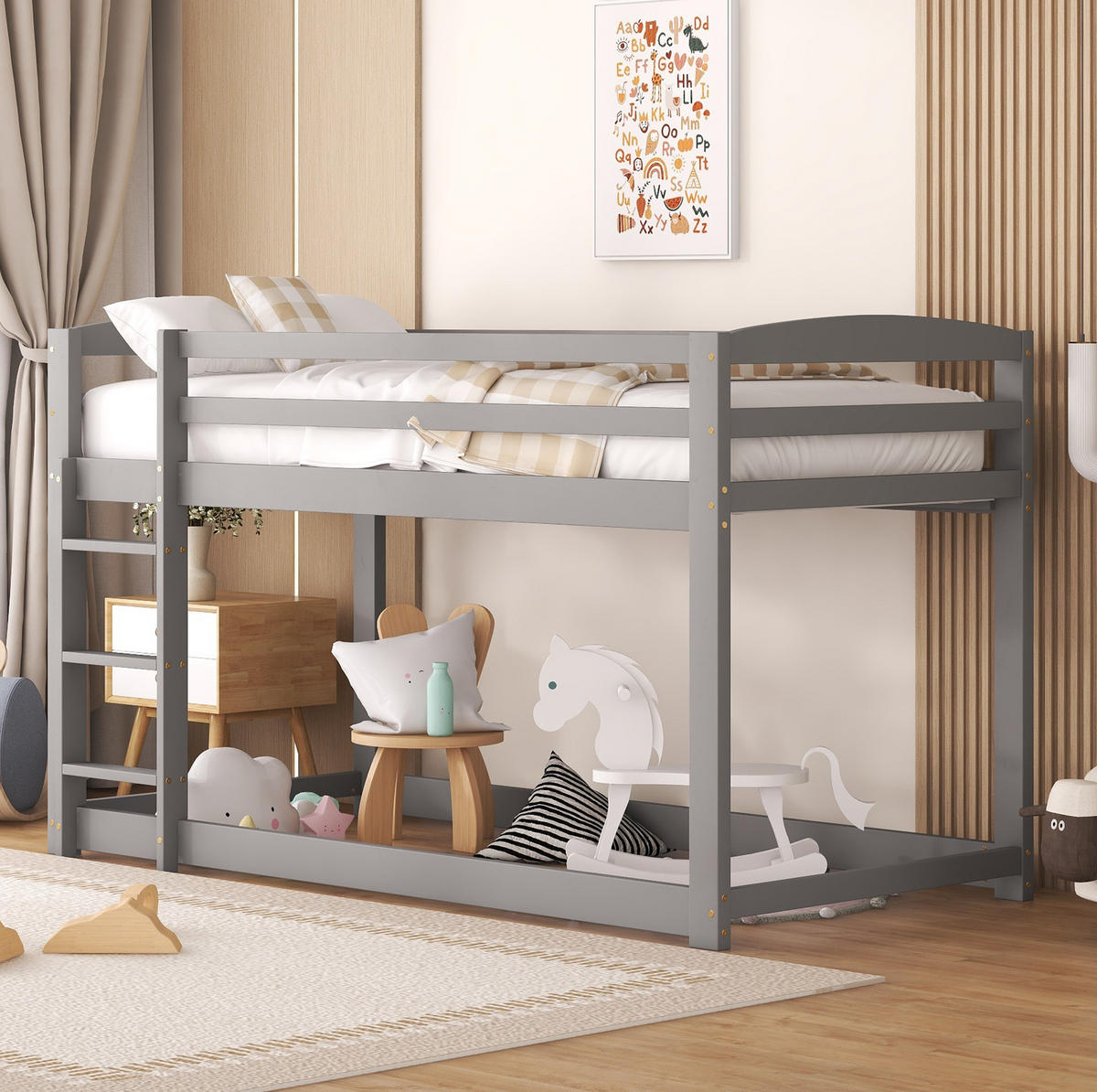 ETAGENBETT 90/200 cm mit niedriger Bauweise und Sicherheitsgeländer aus Kiefer massiv, Natur - Grau, Holzwerkstoff (90/200cm) - Redom