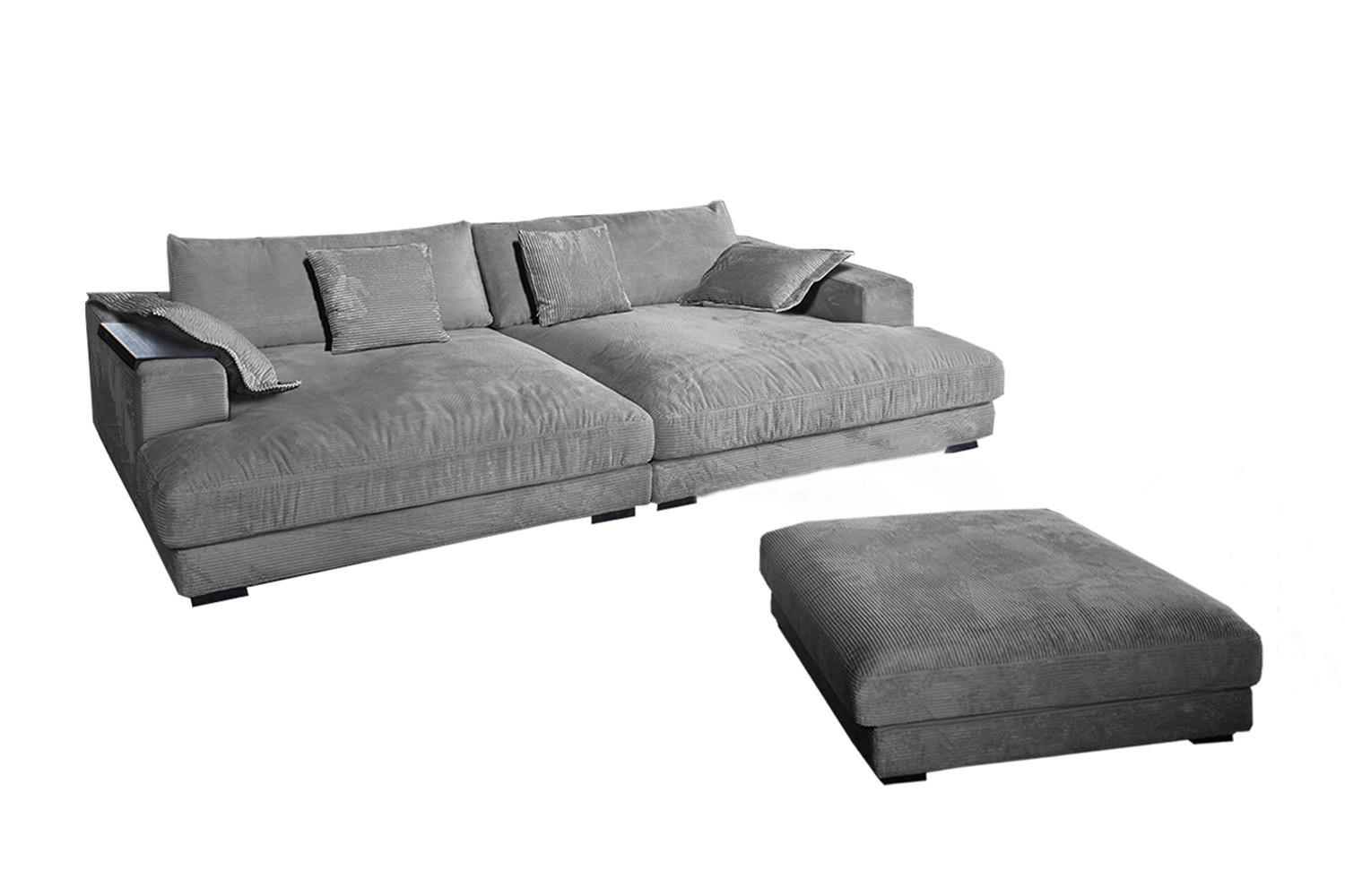 BIG SOFA-SET MIT TABLETT SCHWARZ MADELINE Grau Cord - Schwarz/Grau, Kunststoff/Textil (290/85/170cm) - KAWOLA