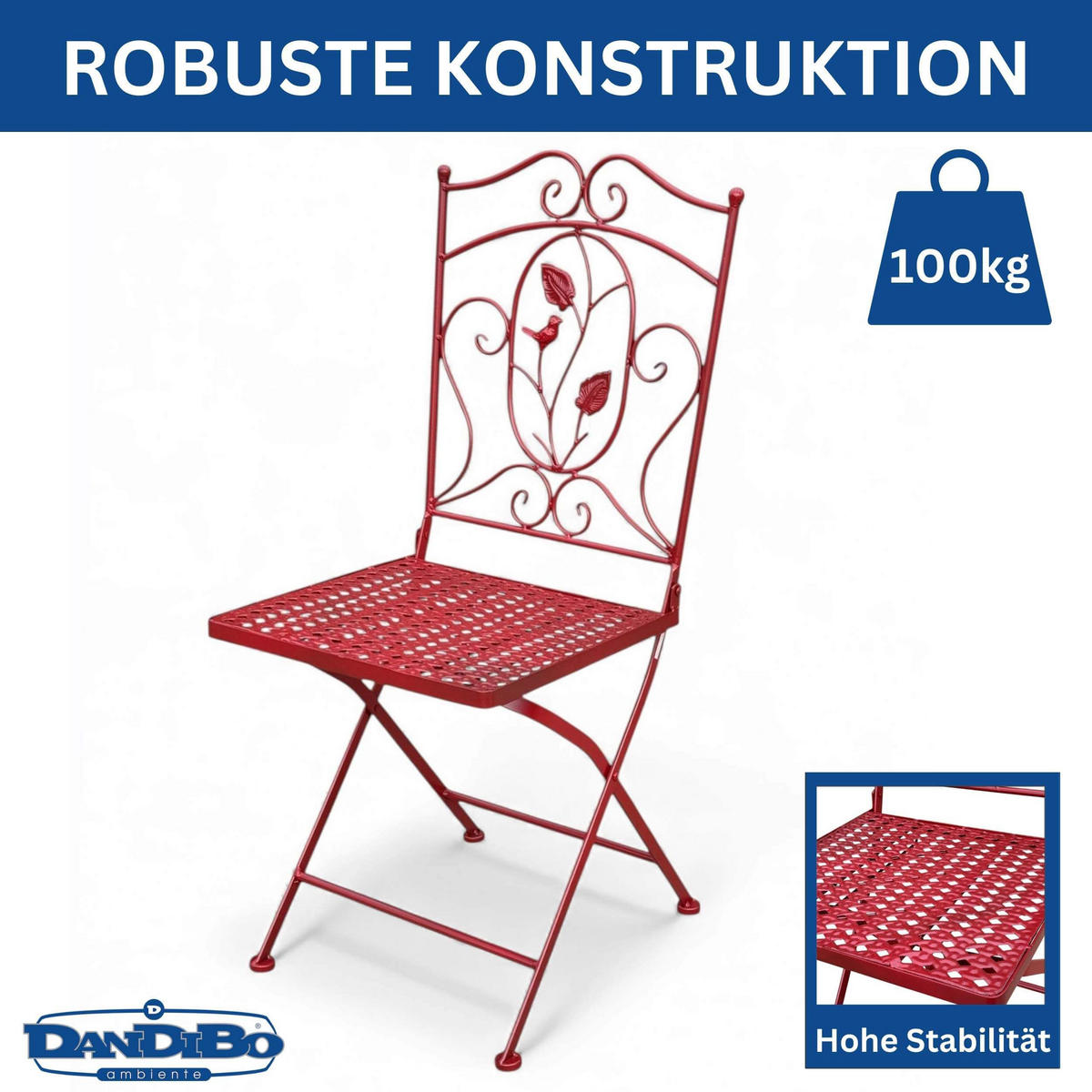 GARTENSTUHL Klappbar Antik Rot Metall Rosso Wetterfest 90cm Bistrostuhl - Rot, Metall (38.5/90/35cm) - DanDiBo