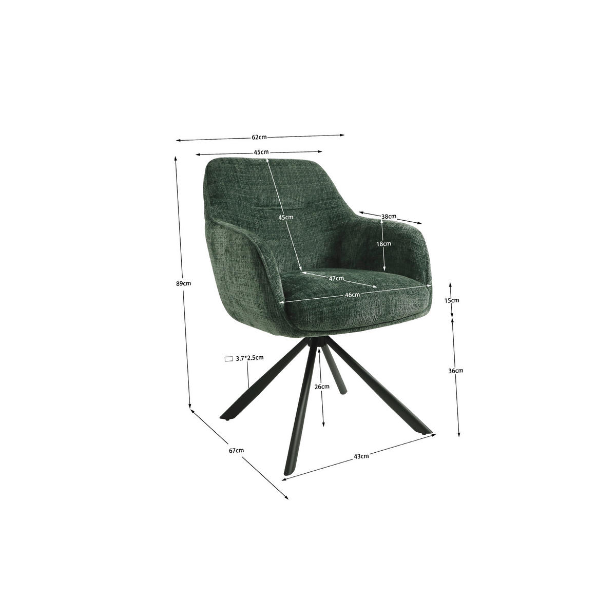 ESSZIMMERSTUHL AURA aus Metall und Stoff 67x62x89 (2er-Set) - Smaragdgrün, Textil/Metall (62/89/67cm) - Elementi