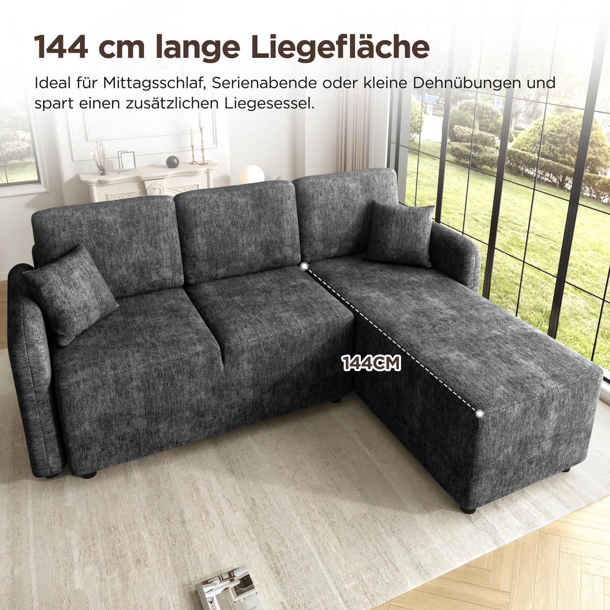 ECKSOFA 187.5/144/85.5 cm Schwarz Chenille mit 2 Kissen - Schwarz, Kunststoff/Textil (187.5/144cm) - Oxeza