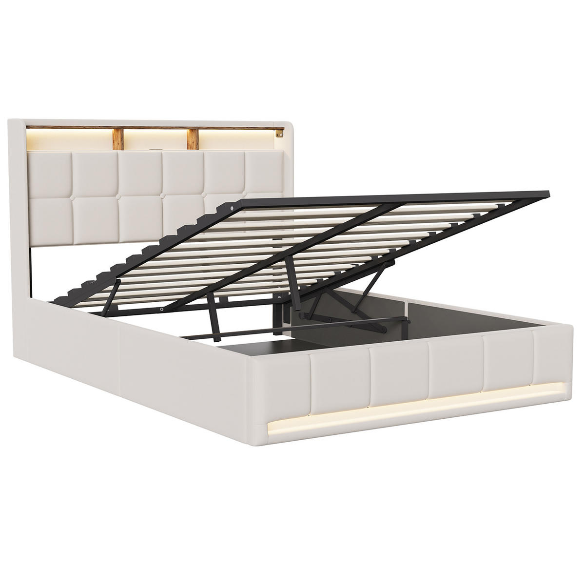 POLSTERBETT 140x200 cm Beige mit LED Beleuchtung, Kopfteil mit Stauraum und USB/Type-C, hydraulisches Stauraumbett - Beige, Metall (140/200cm) - EuroLiving