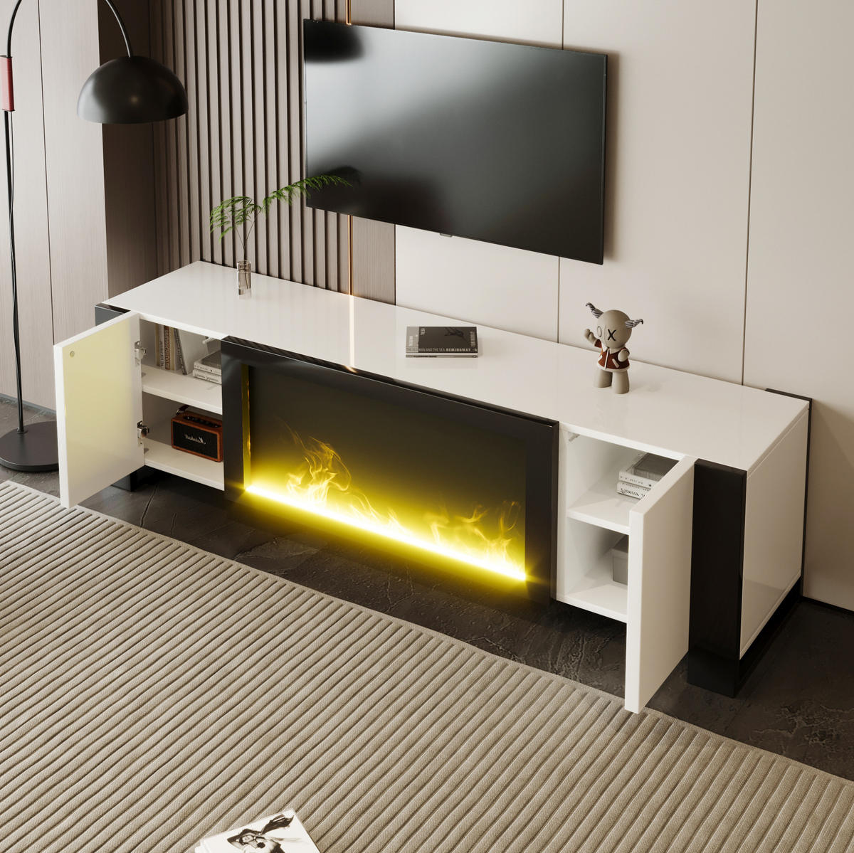 TV-LOWBOARD 165/32/55 cm mit Elektrokamin und Push-to-Open - Schwarz, Holzwerkstoff (165/55/32cm) - BEAOK
