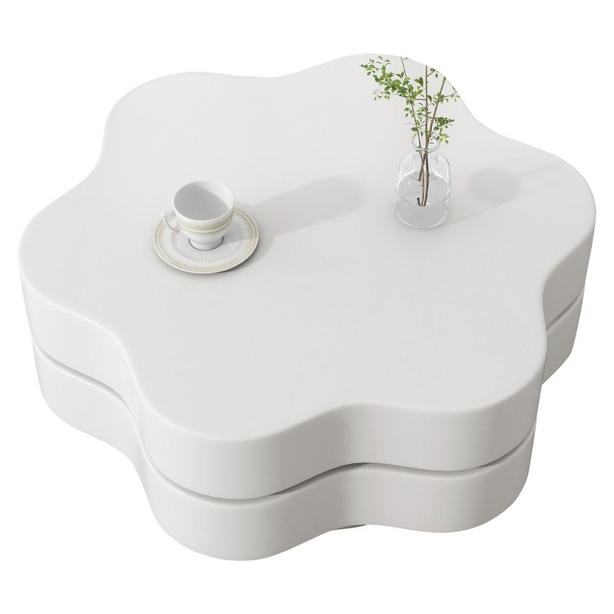 COUCHTISCH 75x68cm Cremeweiß Blumenform 360° Drehbar Doppelschicht 30kg - Weiß, Holz (83/77/25.5cm) - FLIEKS
