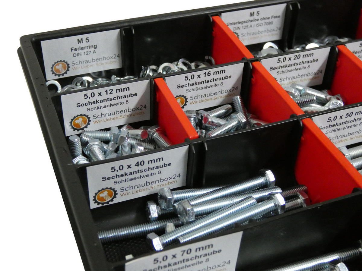 SCHRAUBENSET mit Sechskantschrauben, Muttern, Unterlegscheiben und Federringen M6 // 12mm-80mm 480 tlg - Zinkfarben, Metall (6/3.5cm) - Schraubenbox24