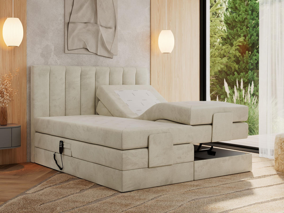 BOXBETT COMFORTO 160/200 - Beige Velvet - H3 - Beige, Holz/Textil (160/200cm) - MKS