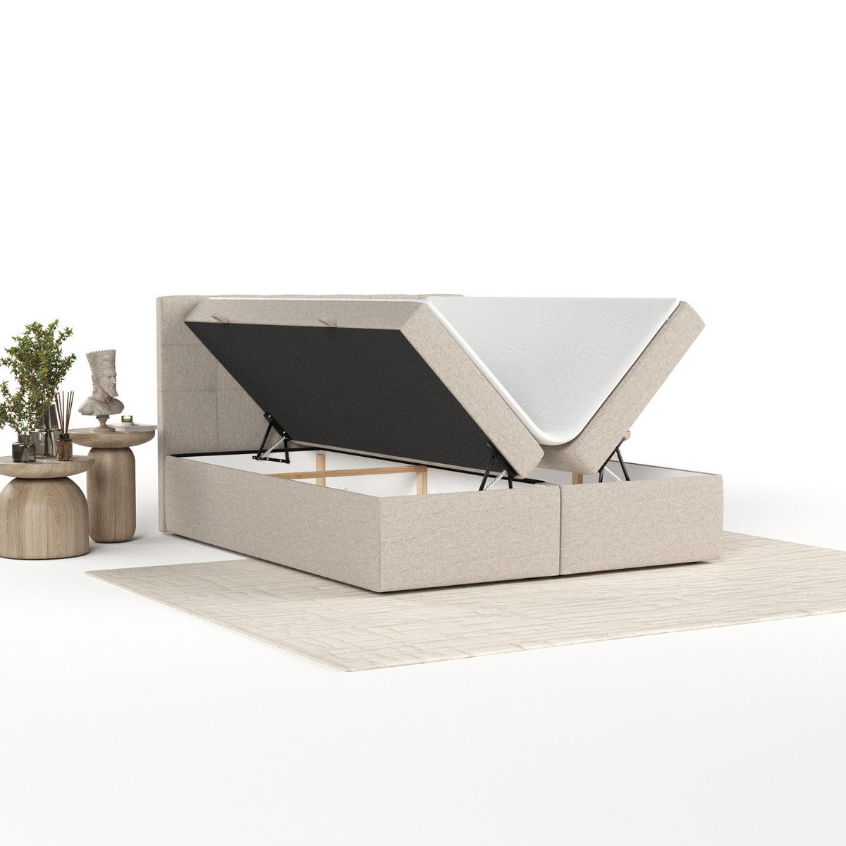 BOXBETT Lean 160/200 cm Hellbeige im Megan Stoff - Sandfarben/Schwarz, Holz/Holzwerkstoff (160/200cm) - AltaBeds