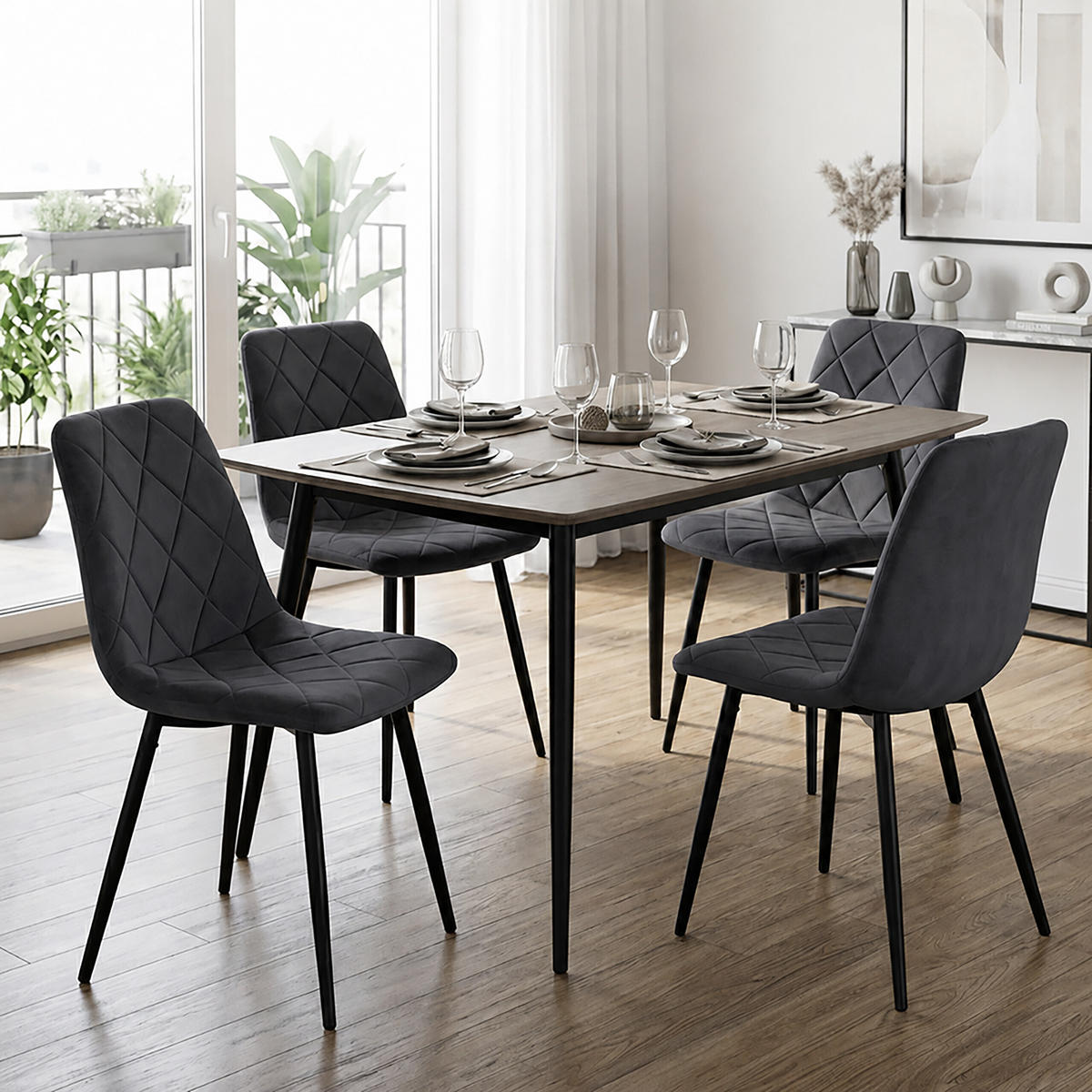STOL Antracit 4-delni-set žamet kovinske noge - antracit, kovina/tekstil (43/86/53.5cm) - Relaxdays